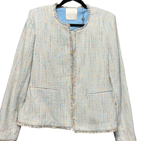 Elie Tahari Light Weight Tweed Blazer Light Blue Metallic Frayed Trim - Picture 4 of 8